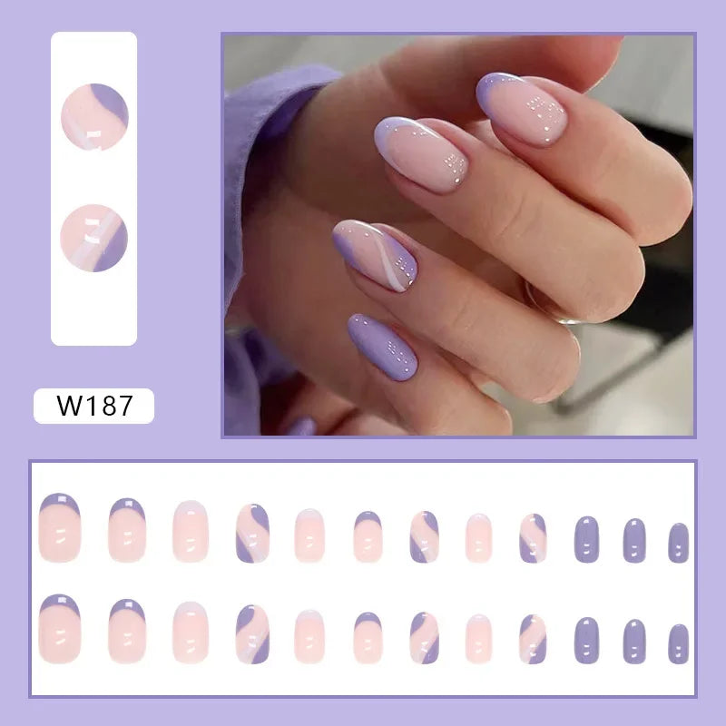 New Short Ballet 24 Pcs Fake Nail with Jelly sticker Press on False Nails Wearable Round Head Oval Full Cover Nail Tips