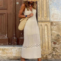 Summer Elegant V-neck Knitted Long Dress Women Sexy Hollow Out Beach Dress 2024 Casual Sleeveless Solid Loose Cover-ups Dresses