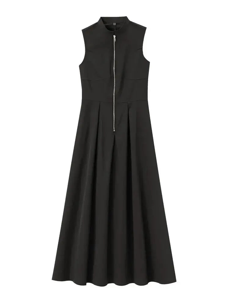 Fashion Sleeveless Spliced Zipper Long Dress Elegant V-neck High Waist Slim Pleated Maxi Dresses Summer Office Lady Street Robes