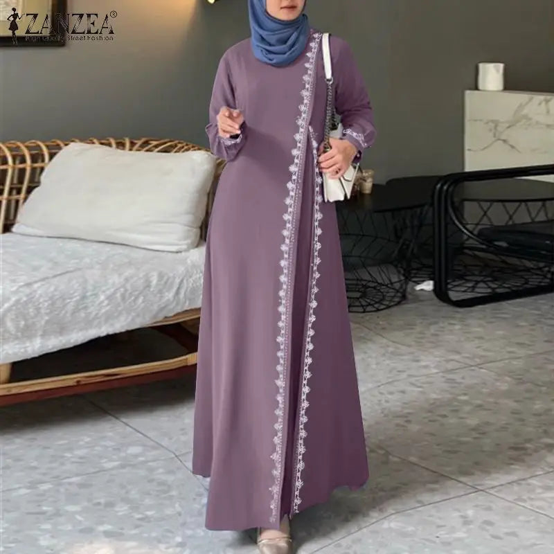 ZANZEA Autumn Women Long Sleeve O Neck Muslim Maxi Dress Kaftan Elegant Lace Crochet Loose Turkey Abaya Vestidos Islamic Dresses