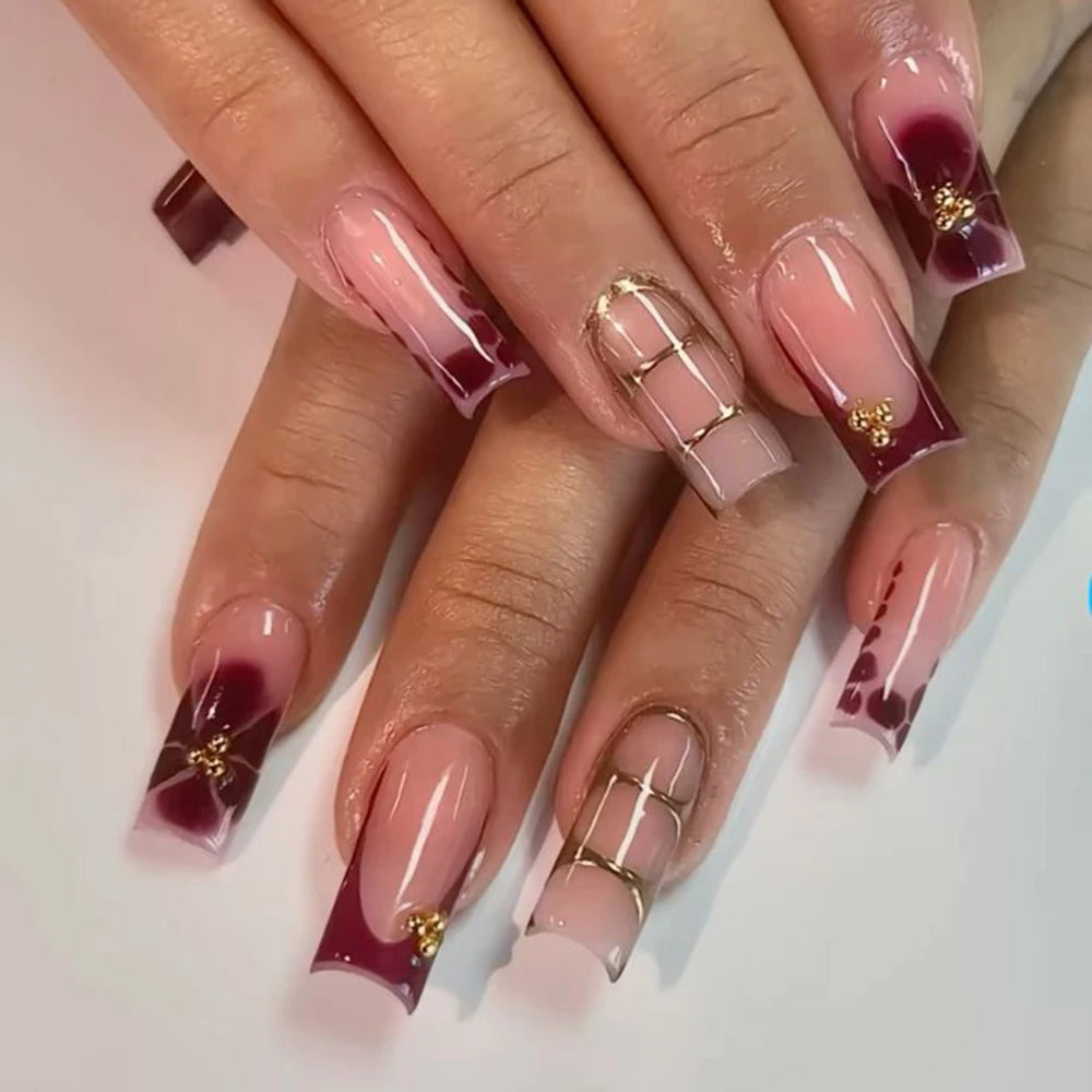 24Pcs Retro Flower Long Coffin French Fake Nails Caviar Bead Floral Gold Hollow Design Press On Nail Tips Y2k Acrylic 2030