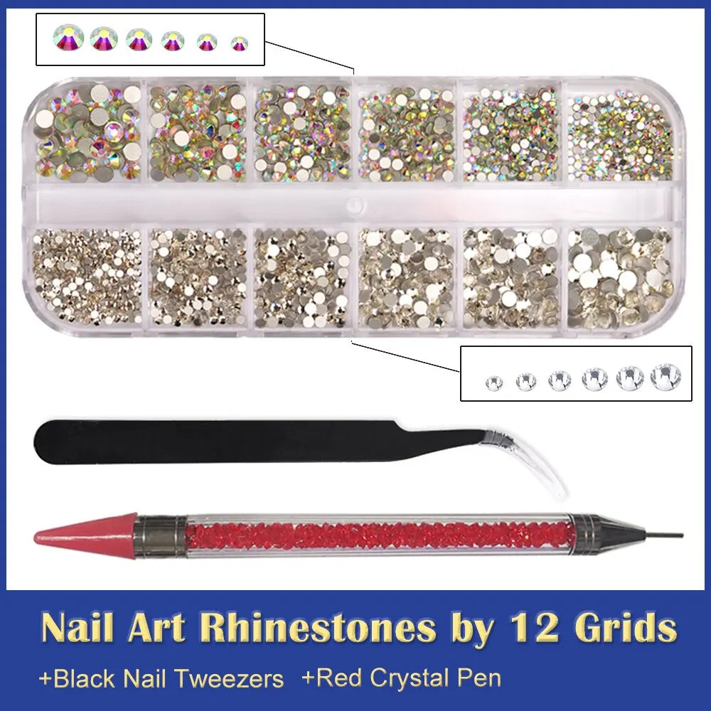 12 Grids Multi Sizes Clear Crystal AB Nail Rhinestones Set DIY Nail Art Decoration Diamonds with Tools Nails Accessories