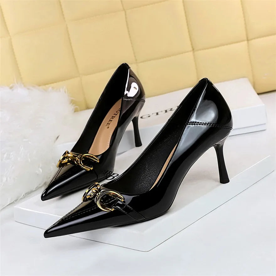 Red White Metal Buckle Wedding Shoes Women 2026 New Patent Leather Shallow High Heels Pumps Fashion Pointy Toe Party Shoes Woman