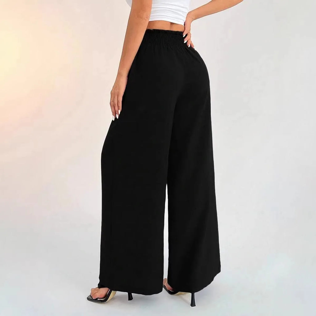 Cross-Border Women's Wide Leg Pants Elastic Pure Color Loose Fit Trousers Fresh Sweet Style Polyester Fabric Casual Pants