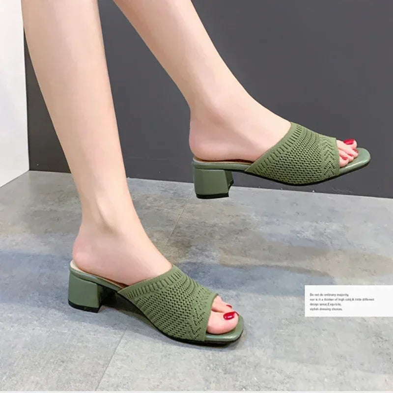 Women's Plus Size Mid Heel Slippers 2025summer New High Heels Party Shoes Comfortable Slippers Sandals Fashionable Women's Shoes