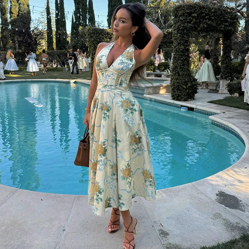 Elegant Print Halter Long Dress Women Sleeveless Backless Pleated A-line Holiday Dresses 2025 Summer Lady Slim Floral Beach Robe