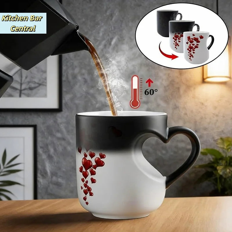 【Heart-Shaped Color Changing Magic Ceramic Mug Funny Color Changing Coffee Cup With Handle That Reveals Surprise Design】