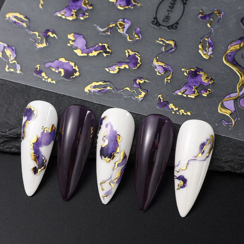 Nails Stickers Purple Blue Brown Ink Design Decals Gold Decorations Art Self-Adhesive Holographic Gel Slider Manicure Supplies