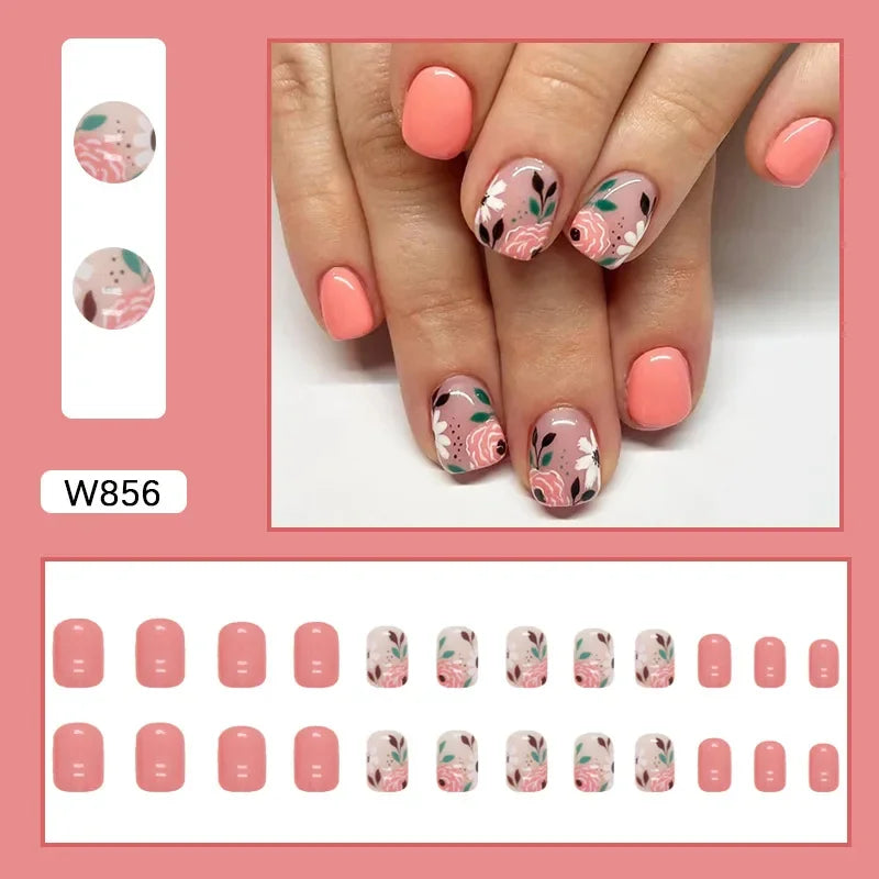 New Short Ballet 24 Pcs Fake Nail with Jelly sticker Press on False Nails Wearable Round Head Oval Full Cover Nail Tips