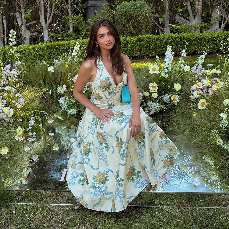 Elegant Print Halter Long Dress Women Sleeveless Backless Pleated A-line Holiday Dresses 2025 Summer Lady Slim Floral Beach Robe