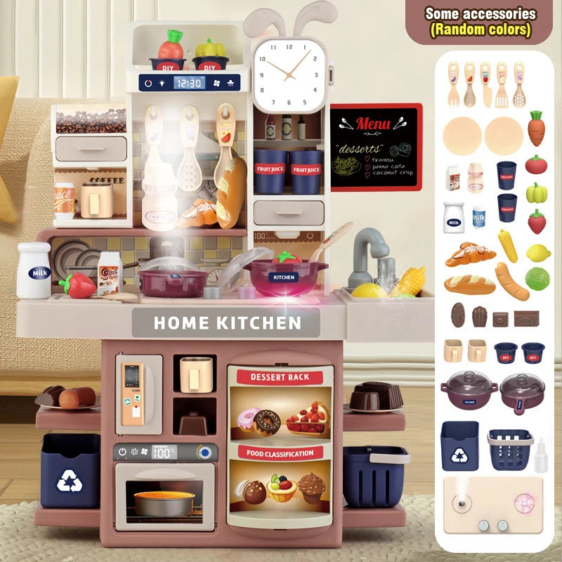 Children Kitchen Toys Set Simulated Tableware Kitchen Counter Play Set with Lights Spray DIY Toy for Girls Kids Birthday Gifts