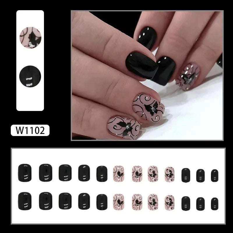 New Short Ballet 24 Pcs Fake Nail with Jelly sticker Press on False Nails Wearable Round Head Oval Full Cover Nail Tips