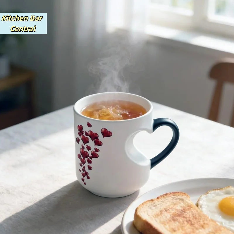 【Heart-Shaped Color Changing Magic Ceramic Mug Funny Color Changing Coffee Cup With Handle That Reveals Surprise Design】
