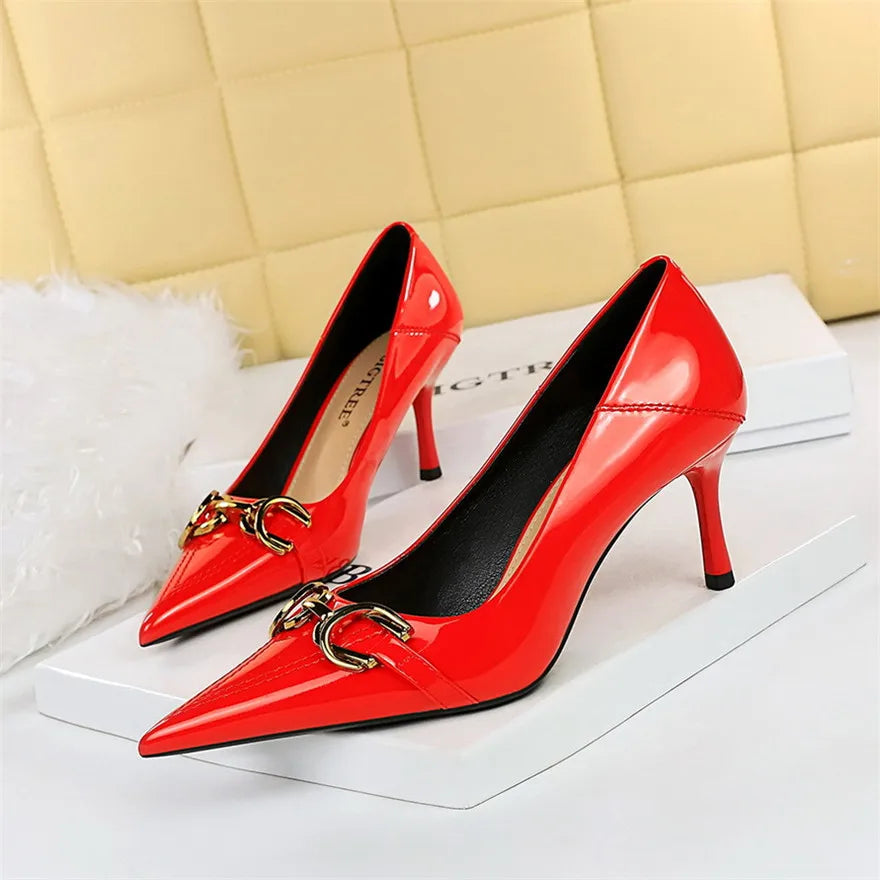 Red White Metal Buckle Wedding Shoes Women 2026 New Patent Leather Shallow High Heels Pumps Fashion Pointy Toe Party Shoes Woman