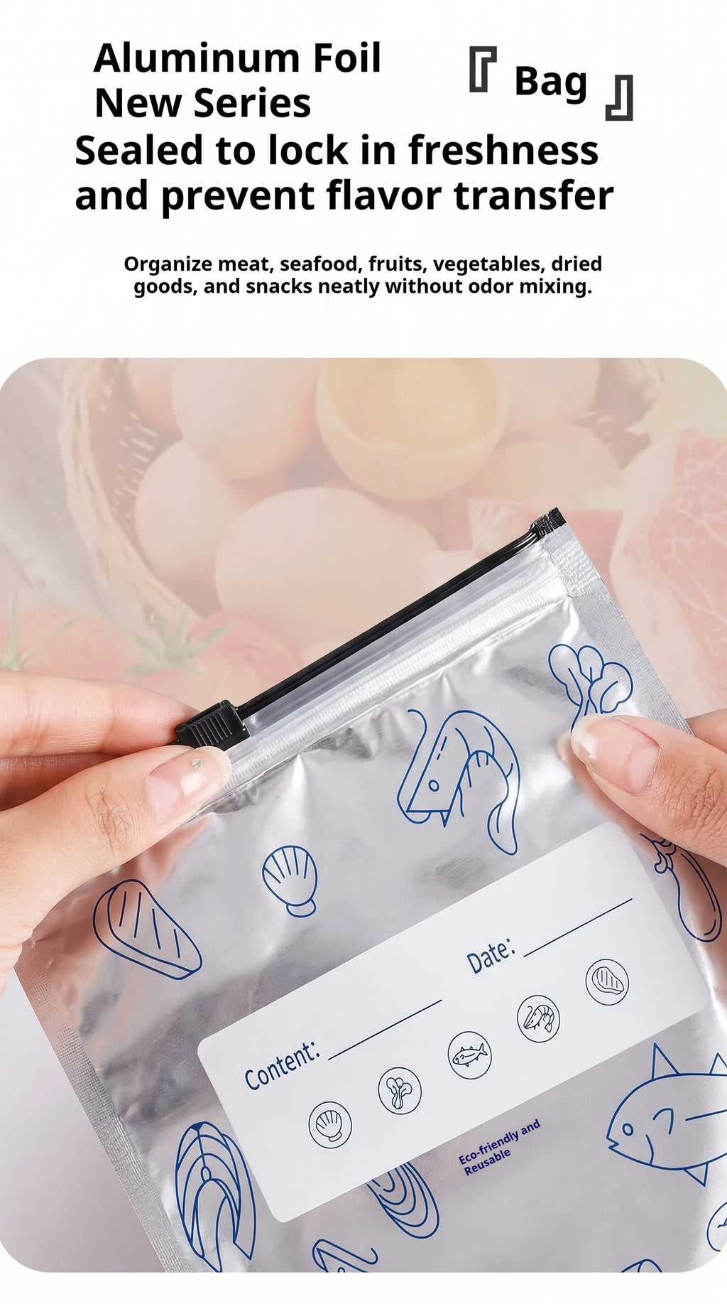 60pcs Aluminum Foil Food Sealable Storage Bags, Freezer Bags, Up Sealable Bags with Label And Zip Lock, Zip Seal Food Bags