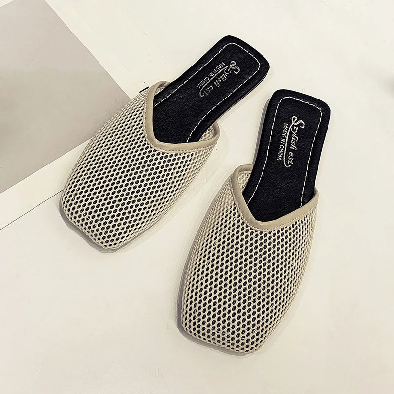 Summer Women Slippers Sexy Mesh Mules Indoor Home Slides Square Toe Female Flats Shoes Outdoor Clogs Beach Sandals Flip Flops 43