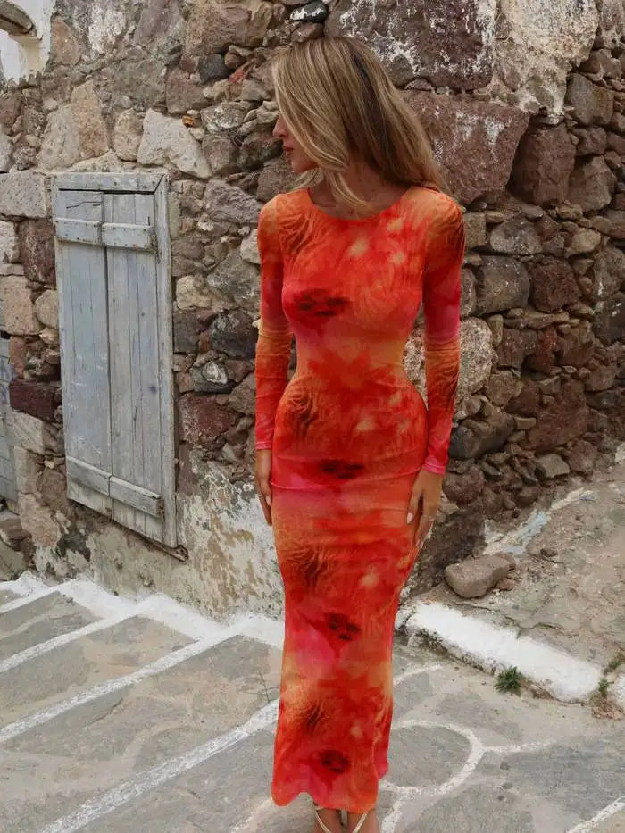 Sexy Slim Fit Long Sleeve Backless Tulle Dress High Waist Bodycon Gown Casual round Neckline Full Length Women's Fashion Dress
