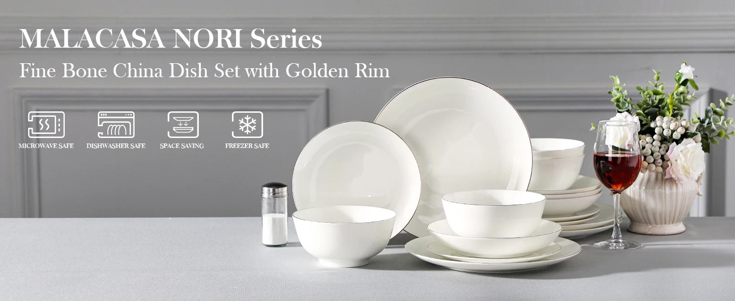 MALACASA 16/32-PCS Nordic European Golden Rim White Bone China Tableware Set with Bowl,Dinner&Dessert&Soup Plate Set for 4