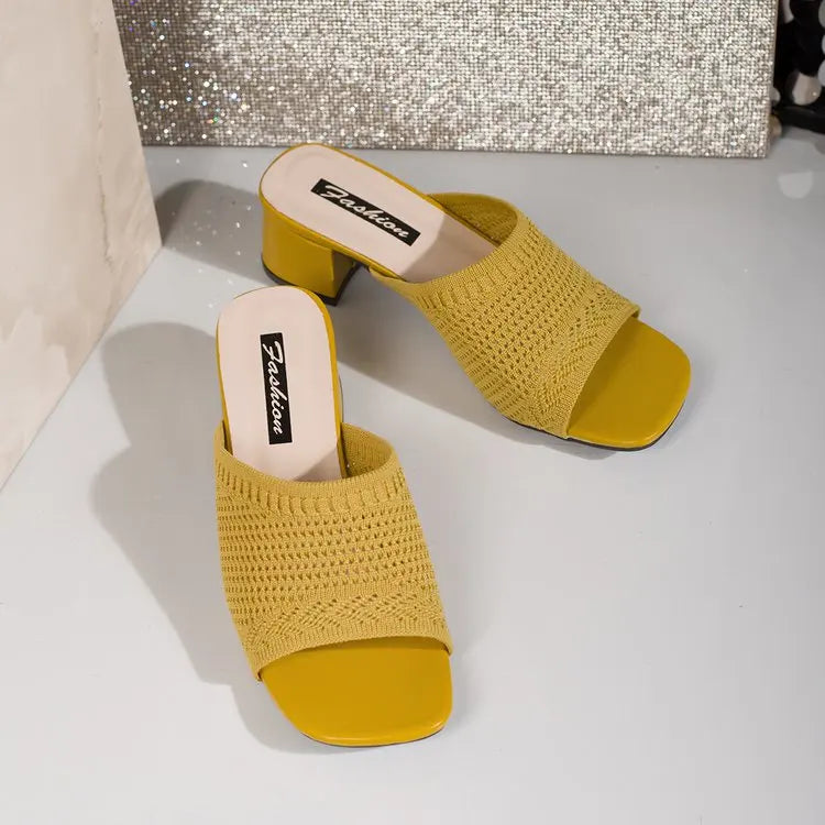 Summer Plus Size High Heel party Sandals Knitted Breathable Block Heel Sandals Fashion casual Brown Comfortable Women's Shoes