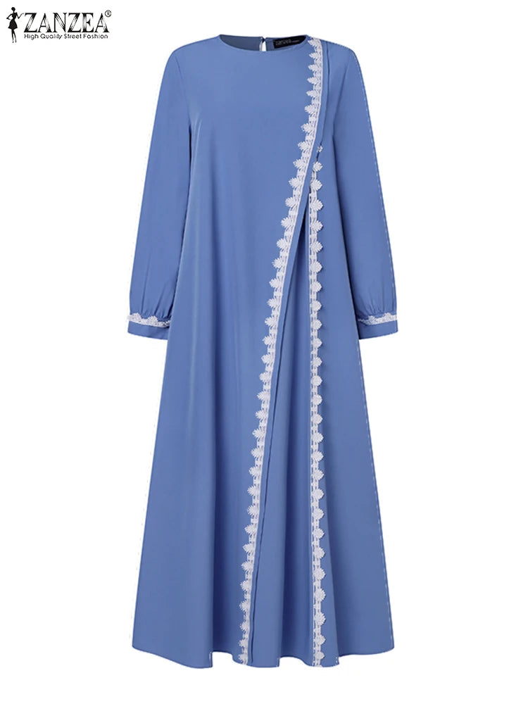 ZANZEA Autumn Women Long Sleeve O Neck Muslim Maxi Dress Kaftan Elegant Lace Crochet Loose Turkey Abaya Vestidos Islamic Dresses