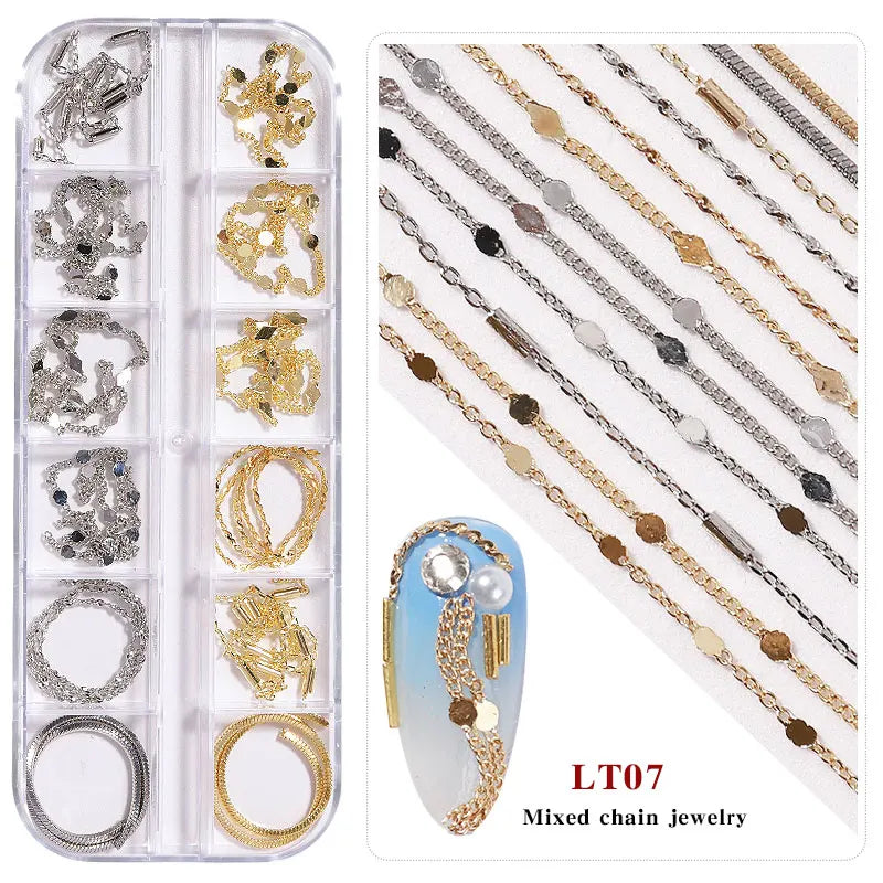 Misscheering 12 Grid Mixed Style Nail Chain Jewelry For DIY Art Decoration Fashion Metal Nails Accessories For Manicure Design
