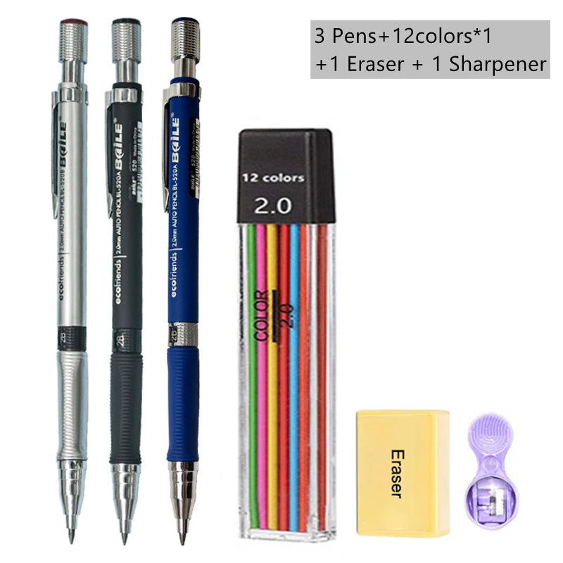 2.0mm Mechanical Pencil With Black/Color Lead Refill Automatic Pencil Art Drawing Painting Sketching School & Office Stationery