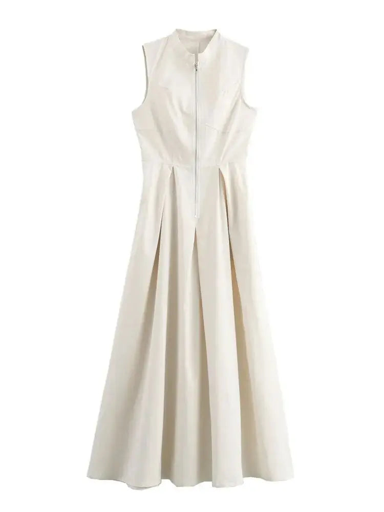 Fashion Sleeveless Spliced Zipper Long Dress Elegant V-neck High Waist Slim Pleated Maxi Dresses Summer Office Lady Street Robes