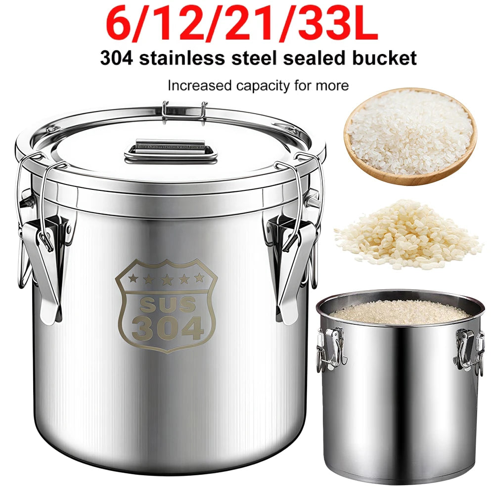 6/12/21/33L 304 Stainless Steel Airtight Canister with Locking Clamp for Rice Grain Oil Sugar Storage Bucket Kitchen Container