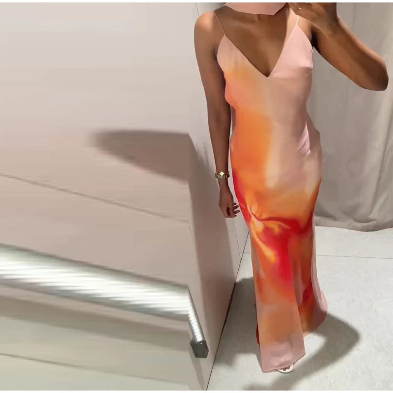 Elegant Tie Dye Printed Long Dress Women Ribbon V-neck Sleeveless Slim Sling Dresses 2025 Summer Lady Chic Beach Vacation Robes