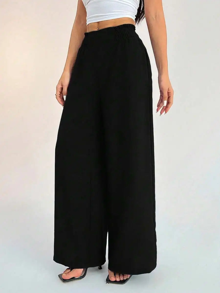 Cross-Border Women's Wide Leg Pants Elastic Pure Color Loose Fit Trousers Fresh Sweet Style Polyester Fabric Casual Pants
