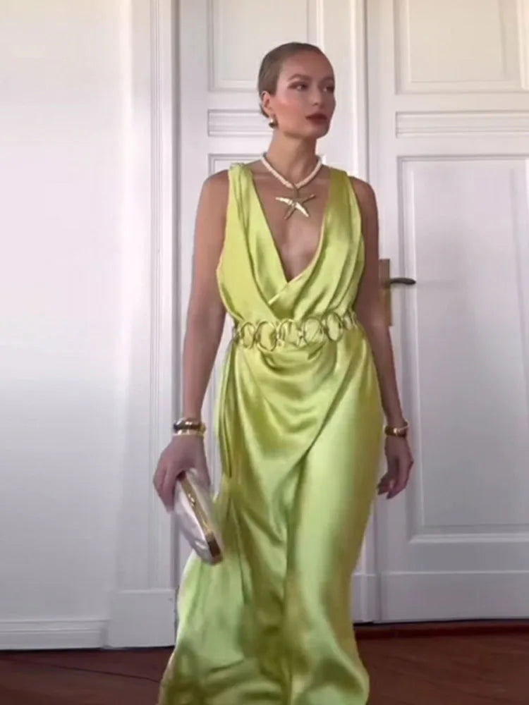 Elegant Pleated Backless Split Long Dress Women Sleeveless High Waist Green 2025 Summer New Holiday Party Dresses Street Robe