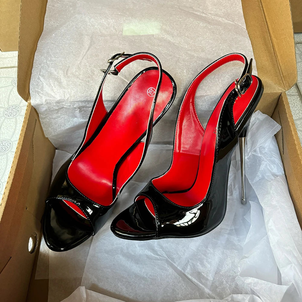 NEW Customize 16cm Extreme Metal High Heels Sandals Sexy Black Red inside Heel Peep Toe Slip On Cosplay Drag Queen Unisex Shoes