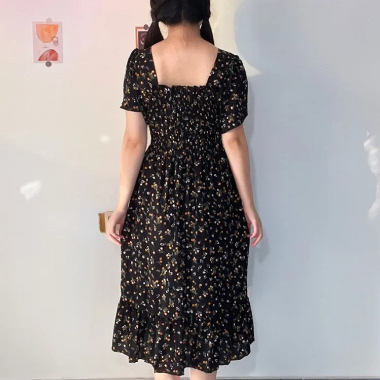 Spring Summer Elastic Waist Short Sleeve Chiffon Dress Women Casual Dresses Female Printed Floral Midi A-Line Dresses Vestidos