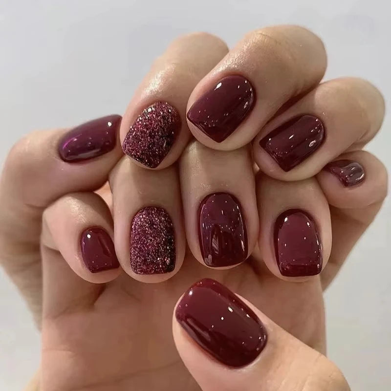 24Pcs Solid Color Wine Red Design Press on Nail Short Square False Nails Simple Detachable Finished Full Cover Nail Tips
