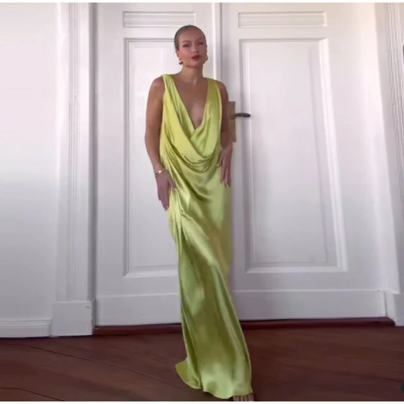Elegant Pleated Backless Split Long Dress Women Sleeveless High Waist Green 2025 Summer New Holiday Party Dresses Street Robe