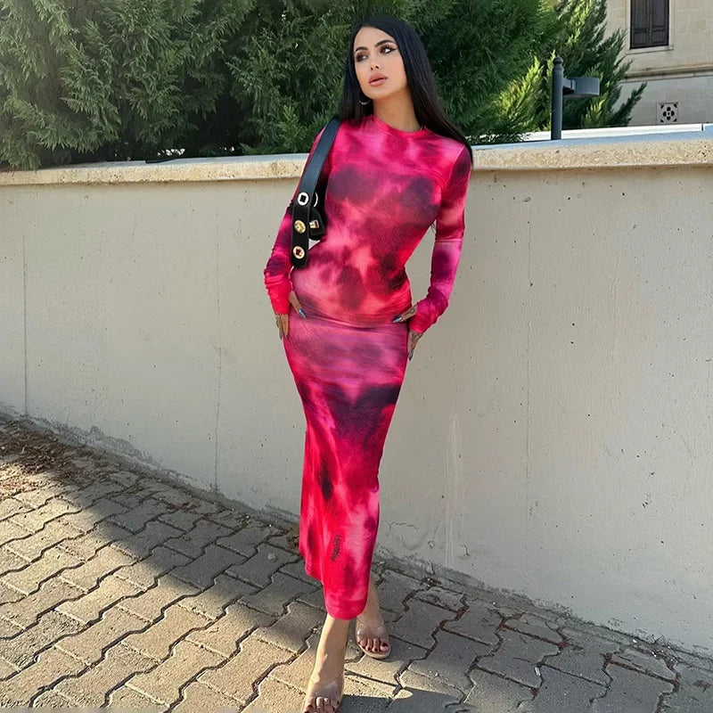 Women's Summer Long Dress Elegant O Neck Long Sleeve Evening Dress Women Fashion Tie-dye Street Vacation Party Club Long Dresses