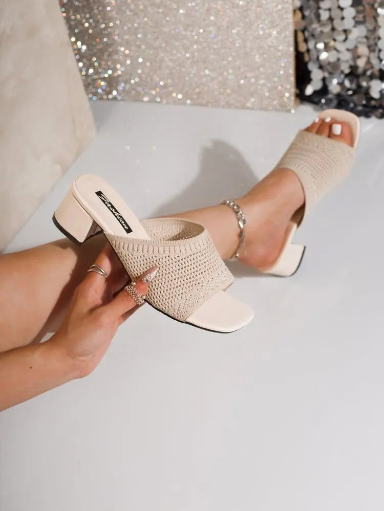 Summer Plus Size High Heel party Sandals Knitted Breathable Block Heel Sandals Fashion casual Brown Comfortable Women's Shoes