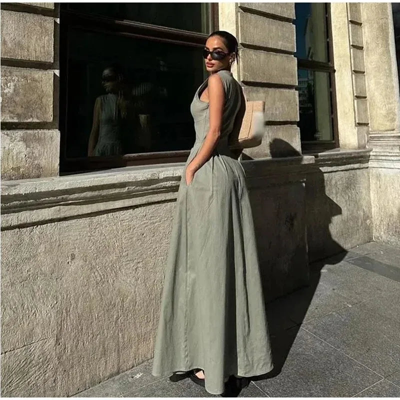 Fashion Sleeveless Spliced Zipper Long Dress Elegant V-neck High Waist Slim Pleated Maxi Dresses Summer Office Lady Street Robes