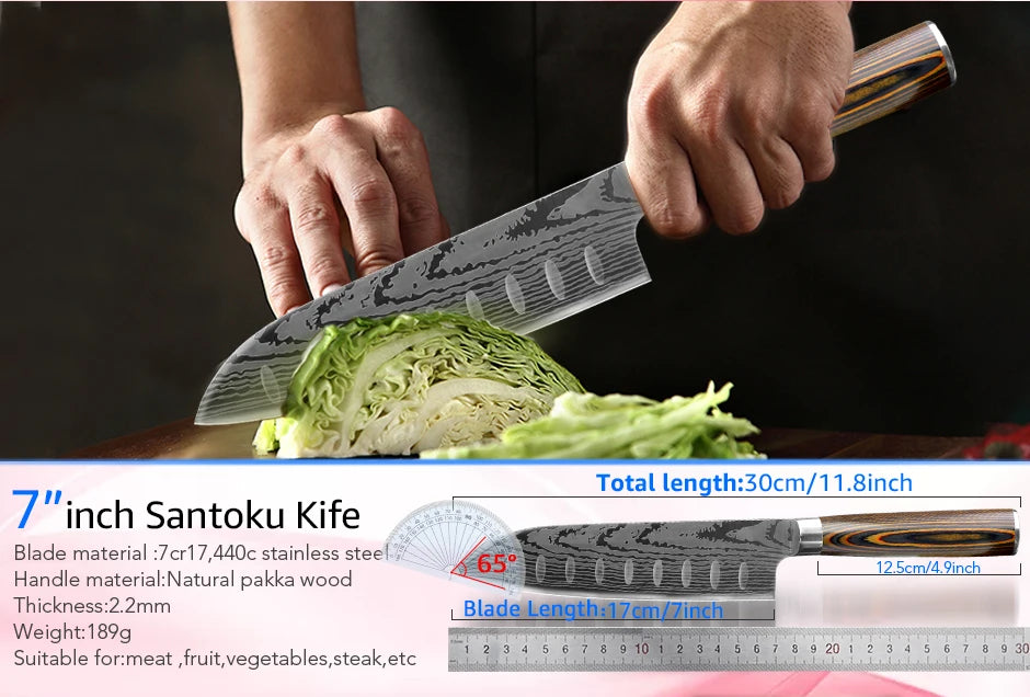 Kitchen Knife Chef Knives Japanese 7CR17 440C High Carbon Stainless Steel Imitation Damascus Sanding Laser Knife