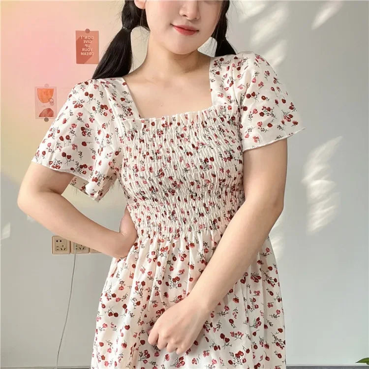 Spring Summer Elastic Waist Short Sleeve Chiffon Dress Women Casual Dresses Female Printed Floral Midi A-Line Dresses Vestidos
