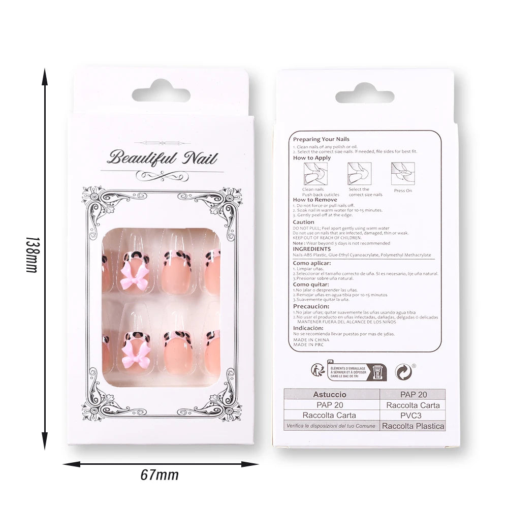 24Pcs Pink Leopard Print French Tips False Nails Short Square Head 3D Black Bowknot Fake Nails Acrylic Full Cover Press on Nails