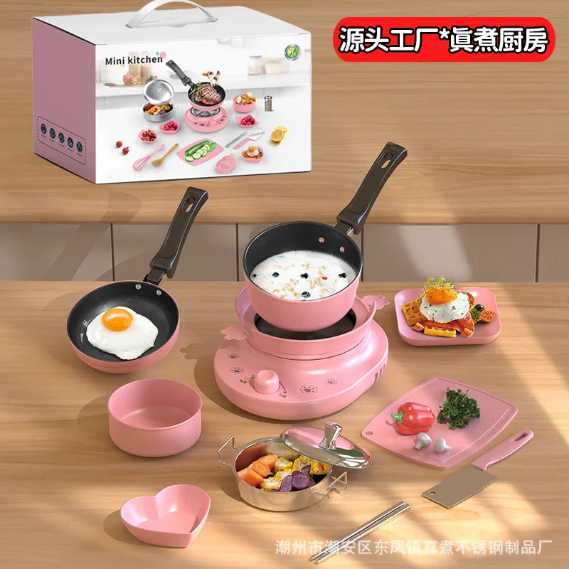 Wholesale Mini Electric Cooktop Kids Real Cooking Pretend Play Kitchen Toy Full Set With US UK EU Plug For Girls Role Play Game