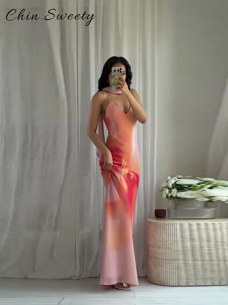 Elegant Tie Dye Printed Long Dress Women Ribbon V-neck Sleeveless Slim Sling Dresses 2025 Summer Lady Chic Beach Vacation Robes