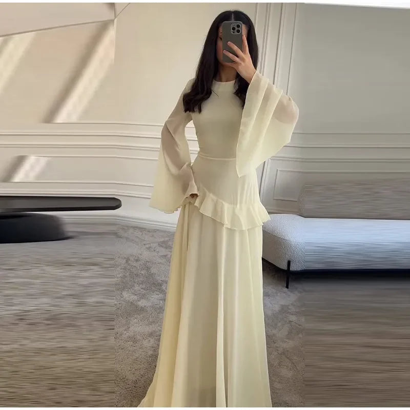 Fashion Flare Sleeve Ruff Long Dress Women Solid O-neck High Waist Slim Pleated Maxi Dresses 2025 Lady Summer Chic Party Robes
