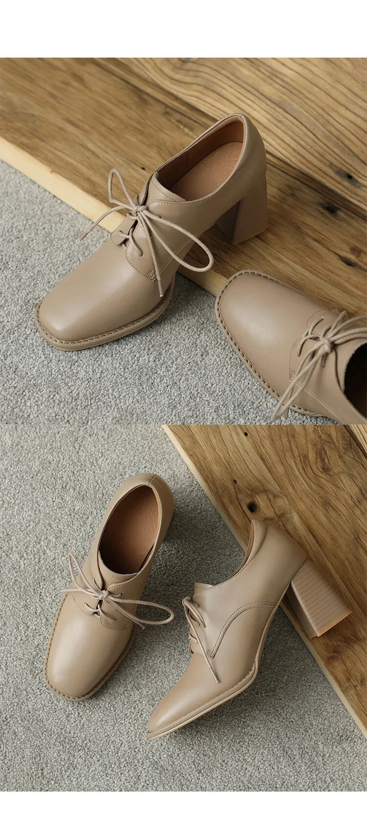 NEW Spring/Autumn Women Loafers Square Toe High heels Split Leather Chunky Heel Pumps Women Plus Size Retro Lace Up Black Shoes