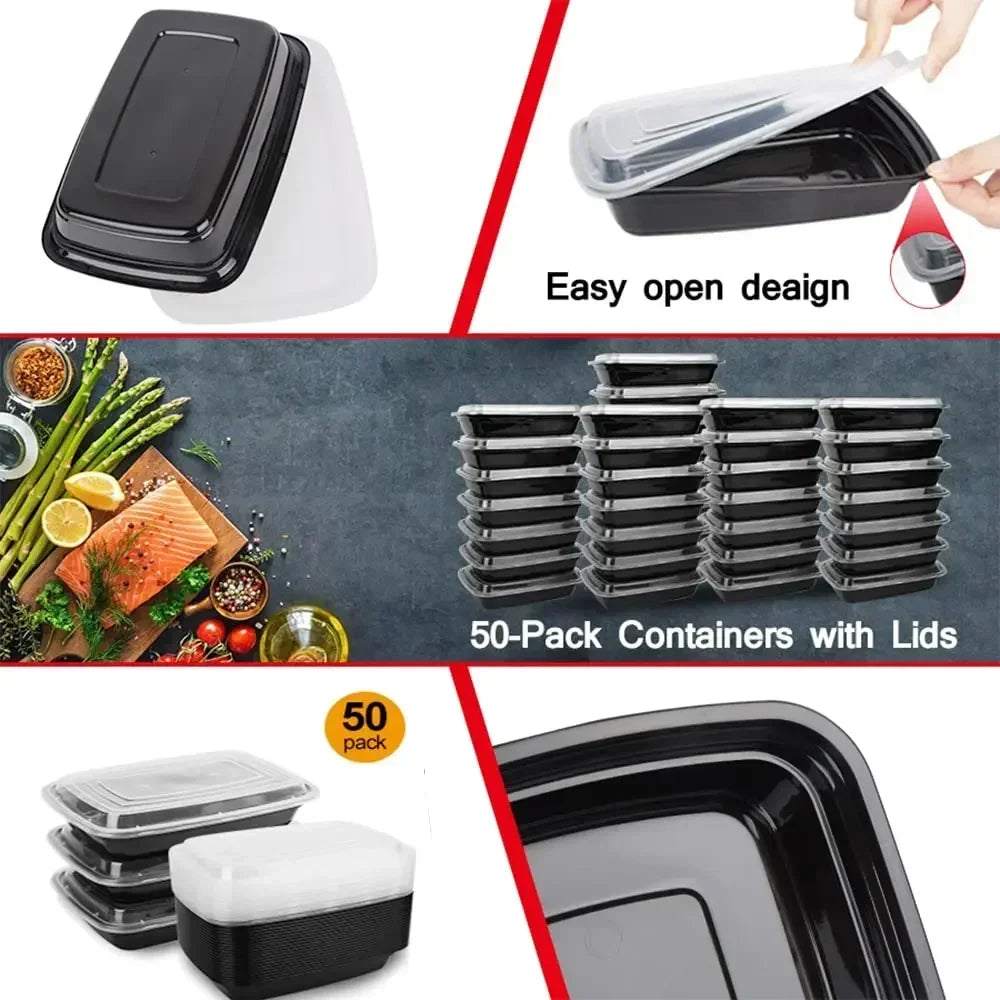 20 PCS/1000ml Thickened Disposable Takeout Lunch Box Tableware Can Be Heated Rectangular Black Plastic Bowl Food Packaging
