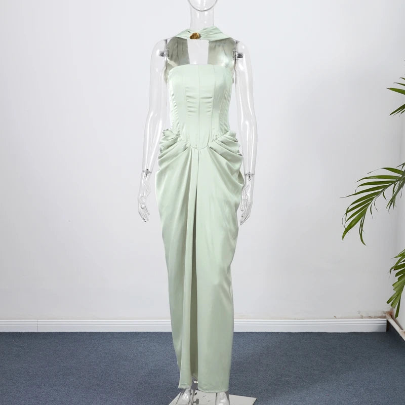 Elegant Long Dress Women Strapless Sleeveless Scarf High Waist Vestidos Female 2025 Spring Summer New Chic Lady Evening Dresses