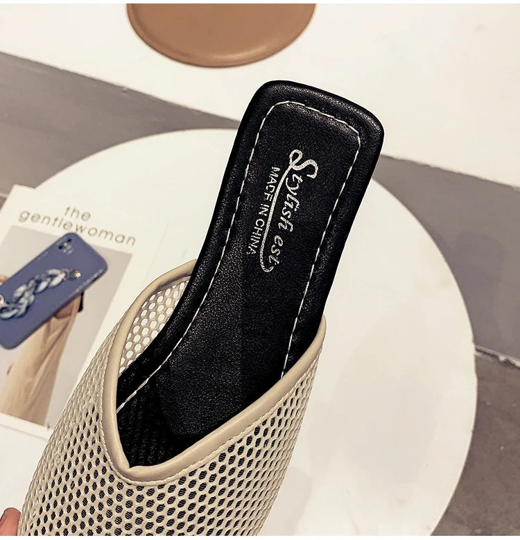 Summer Women Slippers Sexy Mesh Mules Indoor Home Slides Square Toe Female Flats Shoes Outdoor Clogs Beach Sandals Flip Flops 43