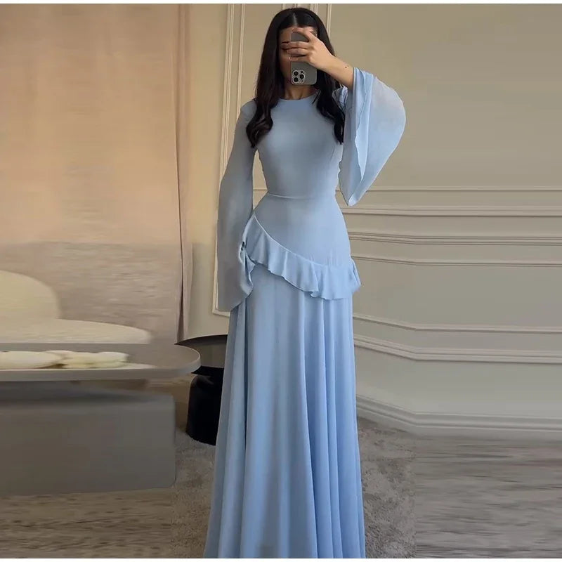 Fashion Flare Sleeve Ruff Long Dress Women Solid O-neck High Waist Slim Pleated Maxi Dresses 2025 Lady Summer Chic Party Robes