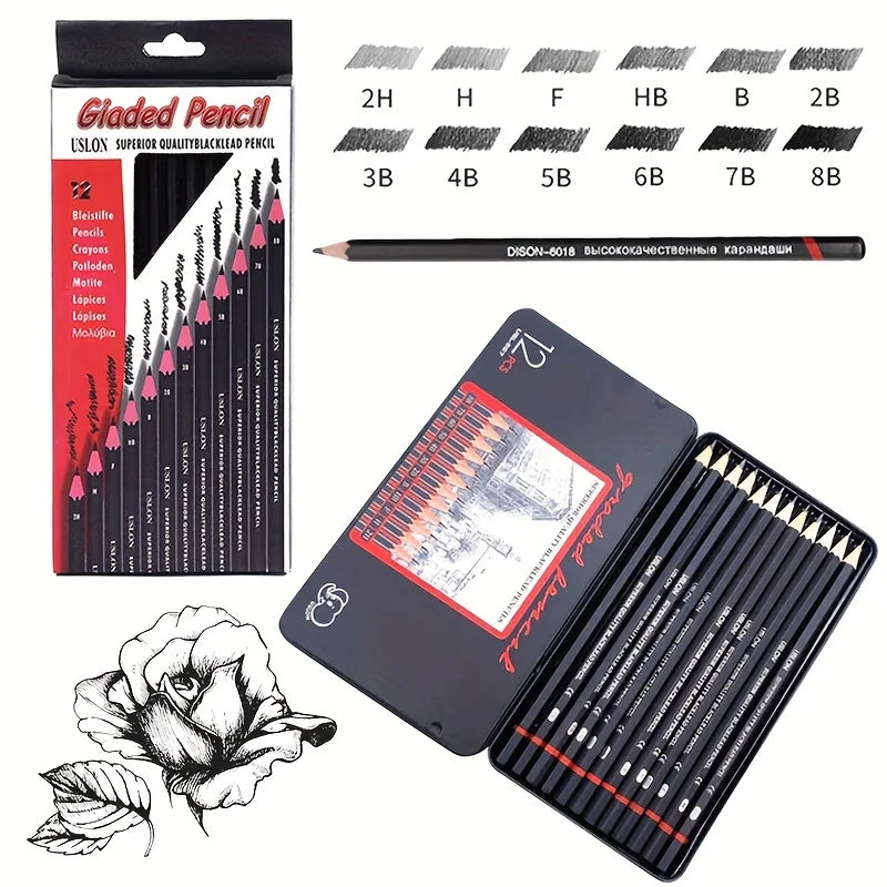 12 Pcs Premium Wood Sketching Pencils Set Professional Drawing 2H-8B Graphite Drawing Pencils for Artists School Art Supplies